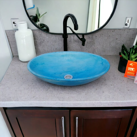 Image of Ocean Blue Concrete Oval Basin 50 x 35 x 15cm - High Strength, Chip Resistant, Sealed