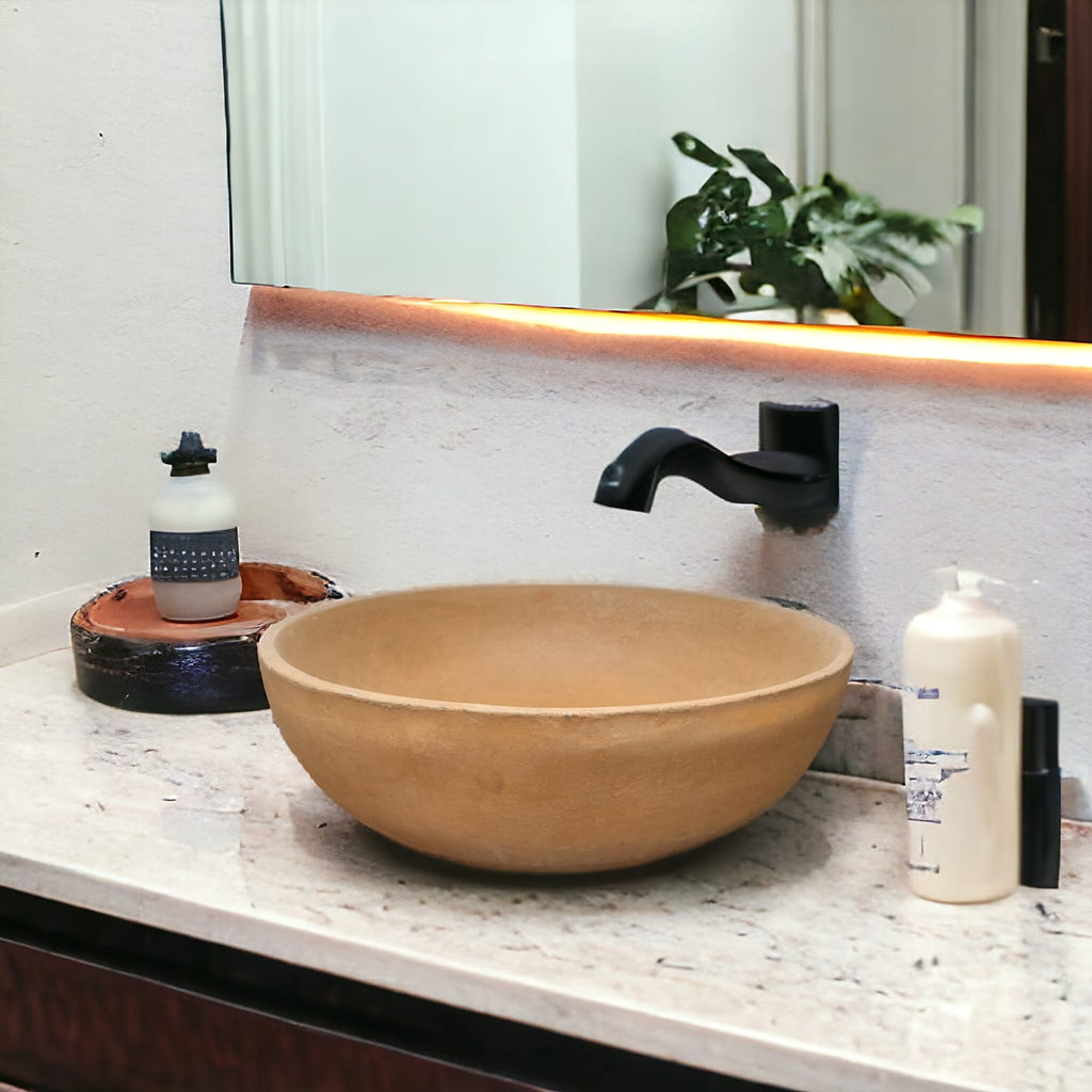 Burnt Orange Round Concave Bespoke Concrete Bathroom Sink. 42 x 14cm