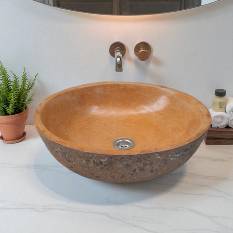 Image of Burnt Orange Round Concave Namibian Dream Bespoke Concrete Bathroom Sink. 42 x 14cm