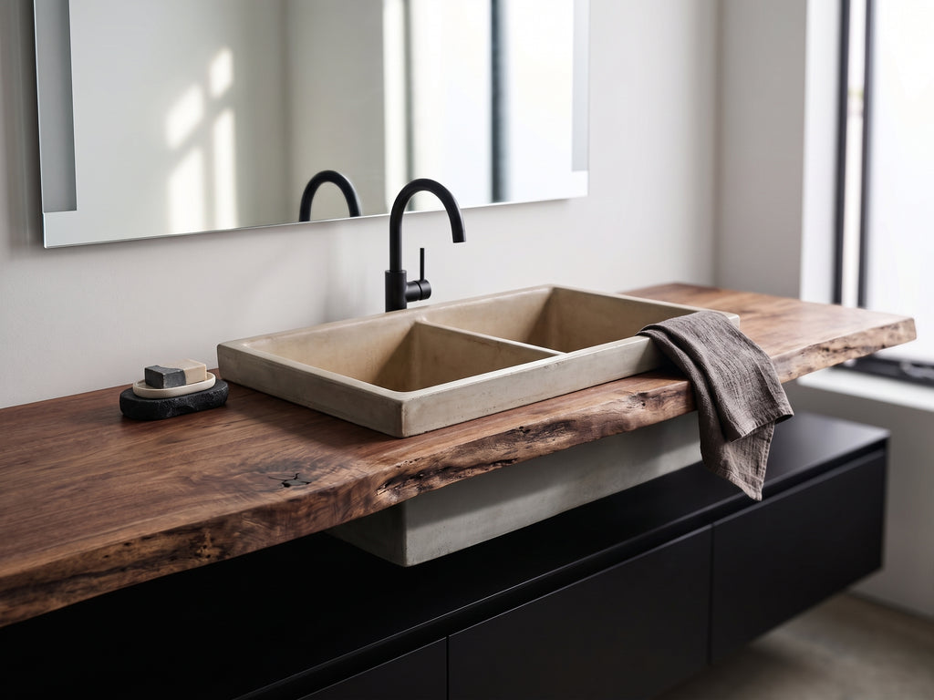 A modern double-bowl concrete farmhouse sink with a matte black gooseneck faucet, mounted on a live-edge wood vanity countertop in a bright bathroom setting.
