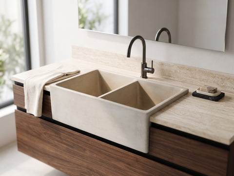 Image of A modern double-bowl concrete sink installed in a floating dark wood vanity with a light beige stone countertop and a matte black faucet, shown in a bright bathroom setting.