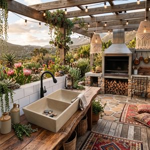 A rustic outdoor kitchen scene with a large beige stone double-bowl sink on a wooden counter, a built-in stone fireplace with wood stacks, hanging woven pendant lights, string lights under a wooden pergola, and a mountain landscape in the background.