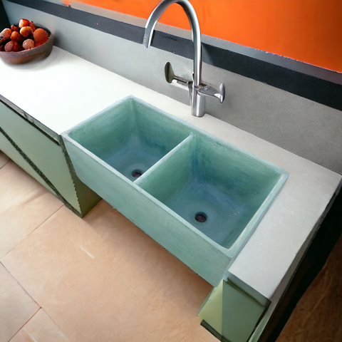 Image of Large Double Butler Green Concrete Basin 800 x 400x 260mm (90mm Outlet)