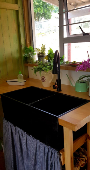Large Concrete Black Double Kitchen Butler Basin/Sink 80 x 40 x 27cm (90mm Outlet)