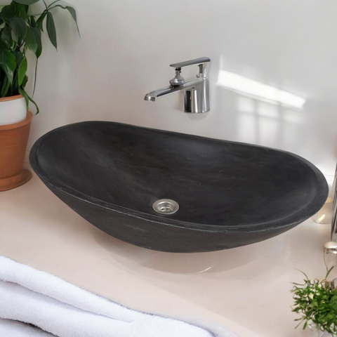 Image of Bespoke Black Cement Basin Sink Modern Oval Shape 59 x 39 x 12