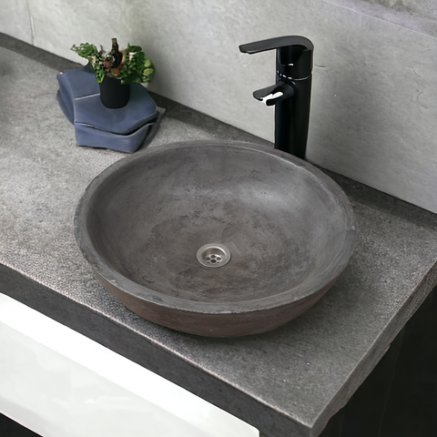 Image of Charcoal Concrete Round Handmade Basin Countertop Butler Sink 42 x 14cm