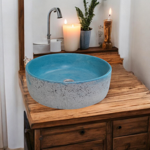 Image of Blue Exposed Aggregate Round Flat Bespoke Concrete Sink 40 x 40 x 12cm