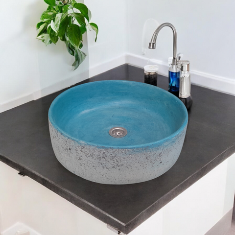 Image of Blue Exposed Aggregate Round Flat Bespoke Concrete Sink 40 x 40 x 12cm