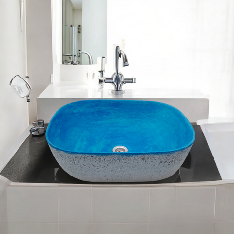 Image of Blue Bespoke Exposed Aggregate Concrete Aquadite Bathroom Sink 50 x 40.5 x 14.5cm