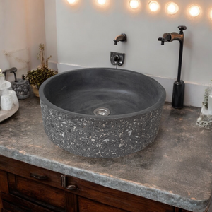 Black Starry Night Exposed Aggregate Round Flat Bespoke Concrete Sink 40 x 40 x 12cm