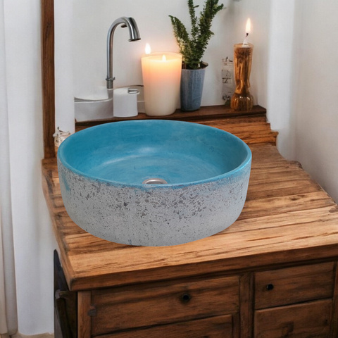 Image of Blue Exposed Aggregate Round Flat Bespoke Concrete Sink 40 x 40 x 12cm Seedleme
