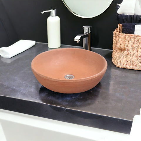 Image of Terracotta Concrete Round Handmade Countertop Butler Sink 42 x 42 x 14cm - Seedleme