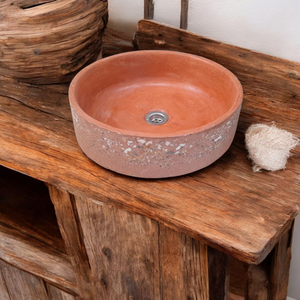 Terracotta Round Flat Namibian Dream 40 x 40 x 12cm. Bespoke Exposed Aggregate sink Seedleme
