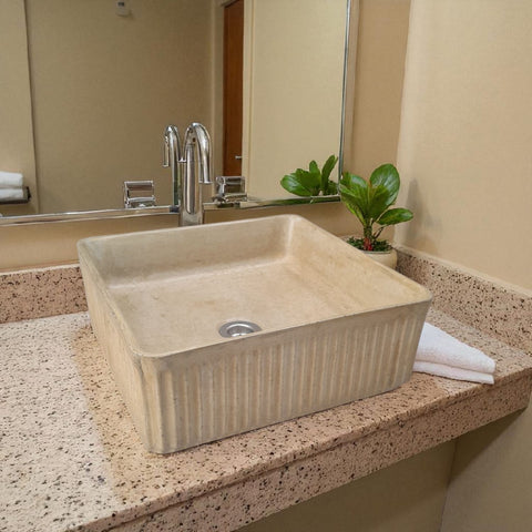 Image of The Armadillo 37.5 x 37.5 x 13cm Sandstone Bespoke Ribbed Concrete Sink Seedleme