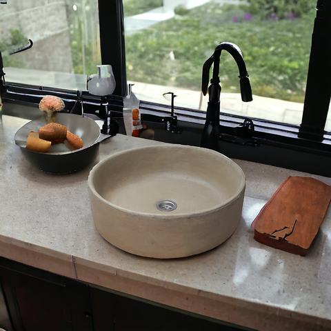 Image of Sandstone Concrete Round Flat Bespoke Countertop Basin/Sink 40 x 40 x 12cm - Seedleme