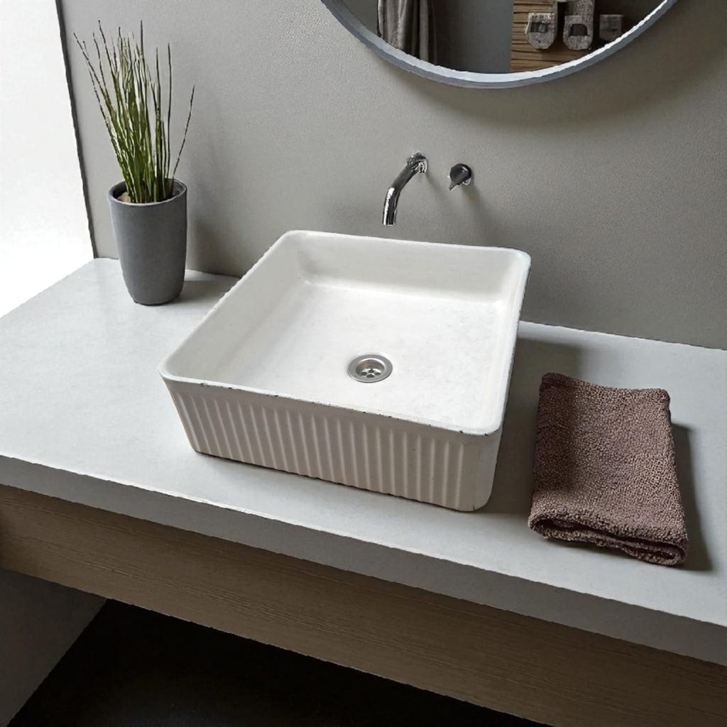 The Armadillo 37.5 x 37.5 x 13cm Ivory Bespoke Ribbed Concrete Sink Seedleme