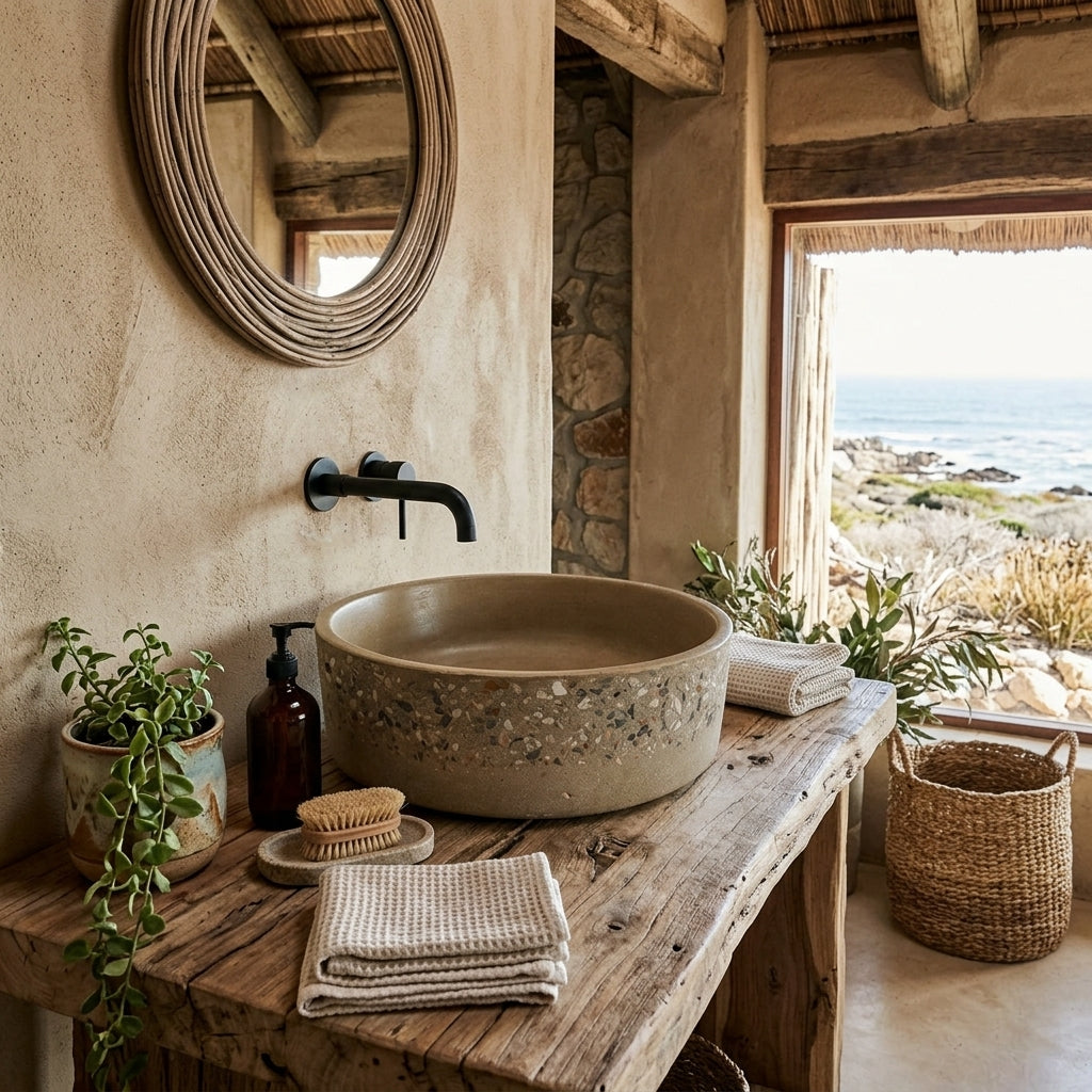 A rustic round vessel sink in a stone-look finish sits on a weathered wooden vanity table inside a coastal bathroom. The scene includes a black matte faucet, a round woven mirror, folded beige towels, a small potted plant, a dark amber bottle, a bar of soap, and a woven basket, with an open window revealing the ocean view.