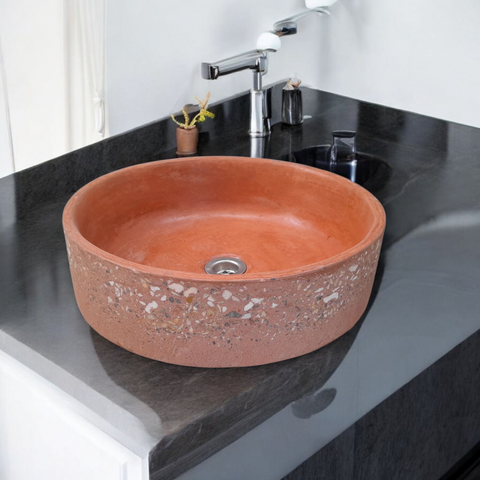 Image of Terracotta Round Flat Namibian Dream 40 x 40 x 12cm. Bespoke Exposed Aggregate sink Seedleme