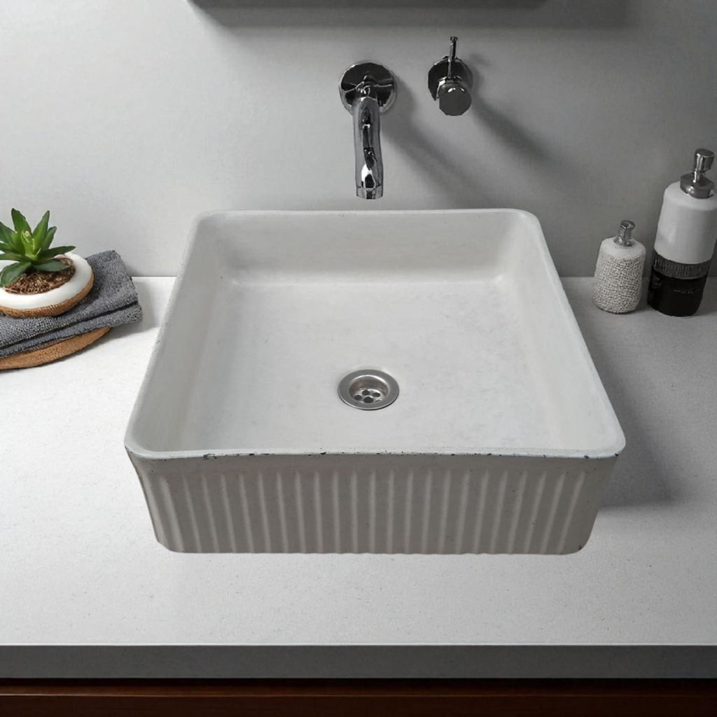 The Armadillo 37.5 x 37.5 x 13cm Ivory Bespoke Ribbed Concrete Sink Seedleme