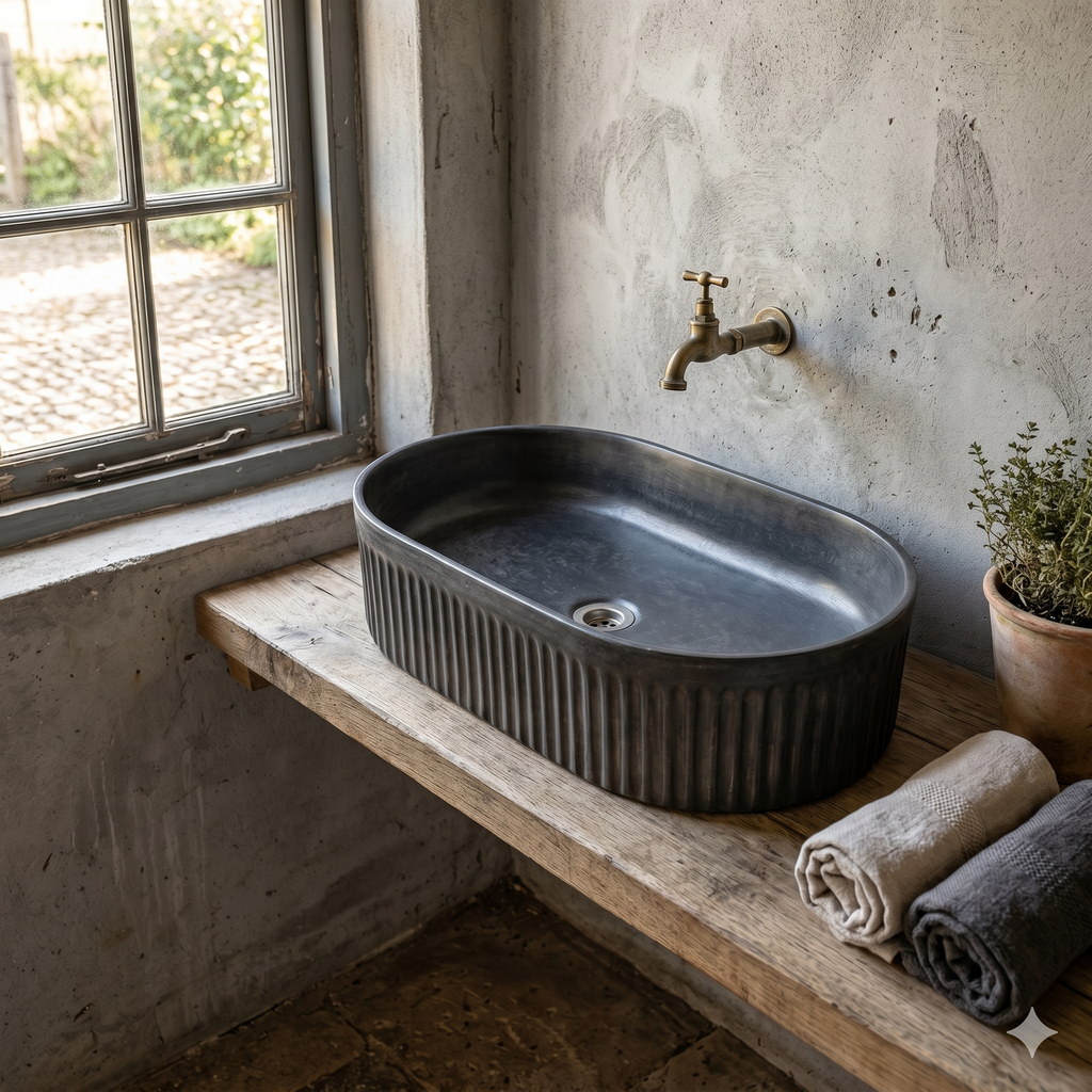 Black sink on a wooden shelf with a window and plant in the background