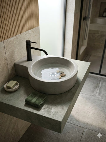 Image of Bathroom sink with a black faucet and a green towel on a concrete countertop.