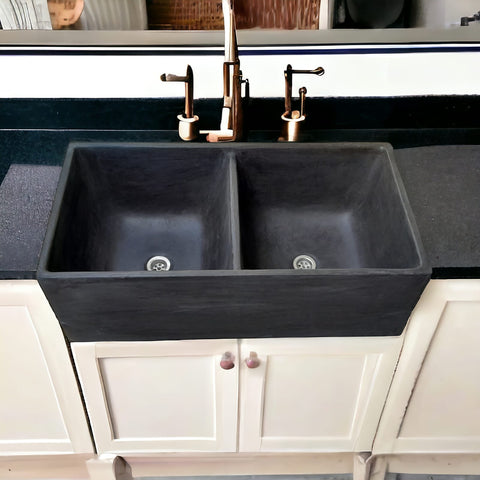 Image of Large Concrete Black Double Kitchen Butler Basin/Sink 80 x 40 x 27cm (90mm Outlet)