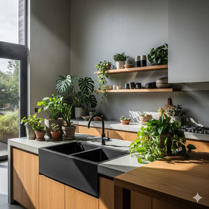 Large Concrete Black Double Kitchen Butler Basin/Sink 80 x 40 x 27cm (50mm Outlet)