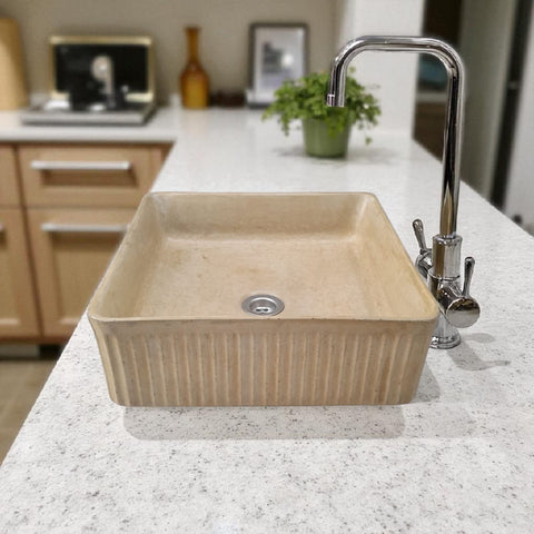 Image of The Armadillo 37.5 x 37.5 x 13cm Sandstone Bespoke Ribbed Concrete Sink Seedleme