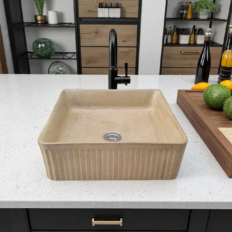 Image of The Armadillo 37.5 x 37.5 x 13cm Sandstone Bespoke Ribbed Concrete Sink Seedleme
