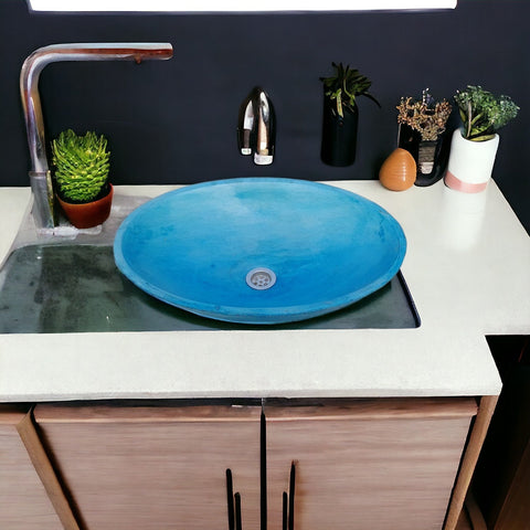 Image of Ocean Blue Concrete Oval Basin 50 x 35 x 15cm - High Strength, Chip Resistant, Sealed Seedleme