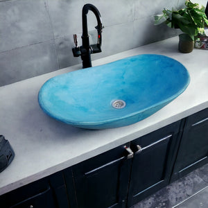 Bespoke Ocean Blue Modern Oval Shape concrete basin 59 x 39 x 12cm( Made to Order )