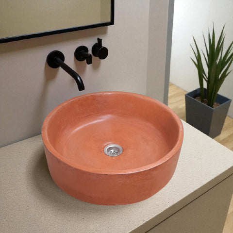 Image of Terracotta Round Concrete Basin Handmade Countertop Sink 40 x 40 x 12 cm - Seedleme