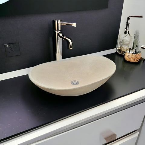 Image of Sandstone Concrete Basin Sink Modern Oval Shape 59 x 39 x 12cm - Seedleme