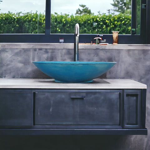 Image of Ocean Blue Concrete Oval Basin 50 x 35 x 15cm - High Strength, Chip Resistant, Sealed Seedleme