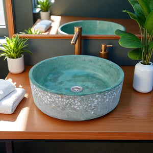 Round Flat Green Namibian Dream Concrete Bespoke Sink  40 x 12cm (Made to Order)