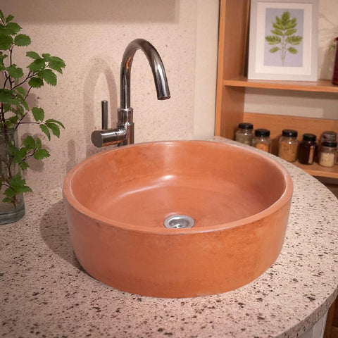 Image of Terracotta Round Concrete Basin Handmade Countertop Sink 40 x 40 x 12 cm - Seedleme