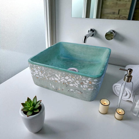 Image of Green Bespoke Namibian Countertop Bathroom Sink 31 x 31 x 12cm Seedleme