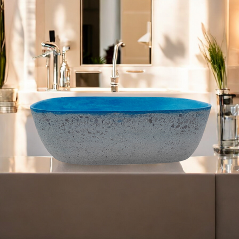 Image of Blue Bespoke Exposed Aggregate Concrete Aquadite Bathroom Sink 50 x 40.5 x 14.5cm Seedleme